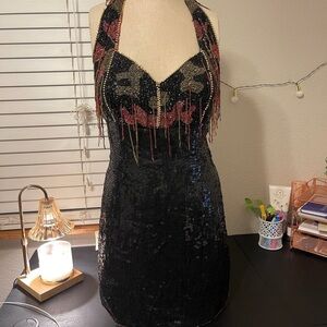 Black Sequin Halter Sheath Dress